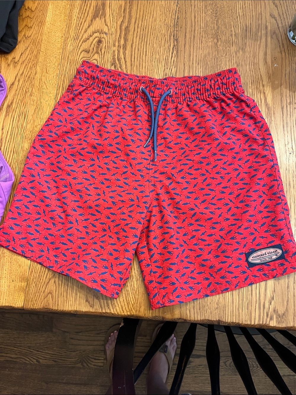 Vineyard Vines Red Swim Shorts with Navy Fish Print